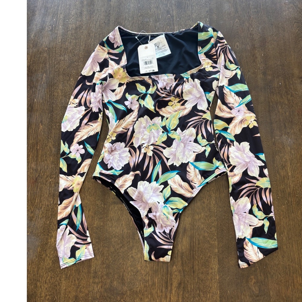 Billabong Shadow Tropic Bodysuit Long Sleeve Floral Square Neck Small 240031505